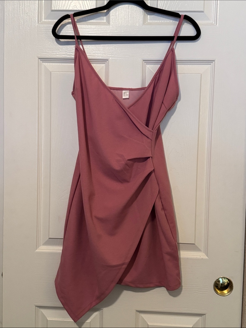 Spaghetti-Strap Wrap Mini Dress in Dusty Rose